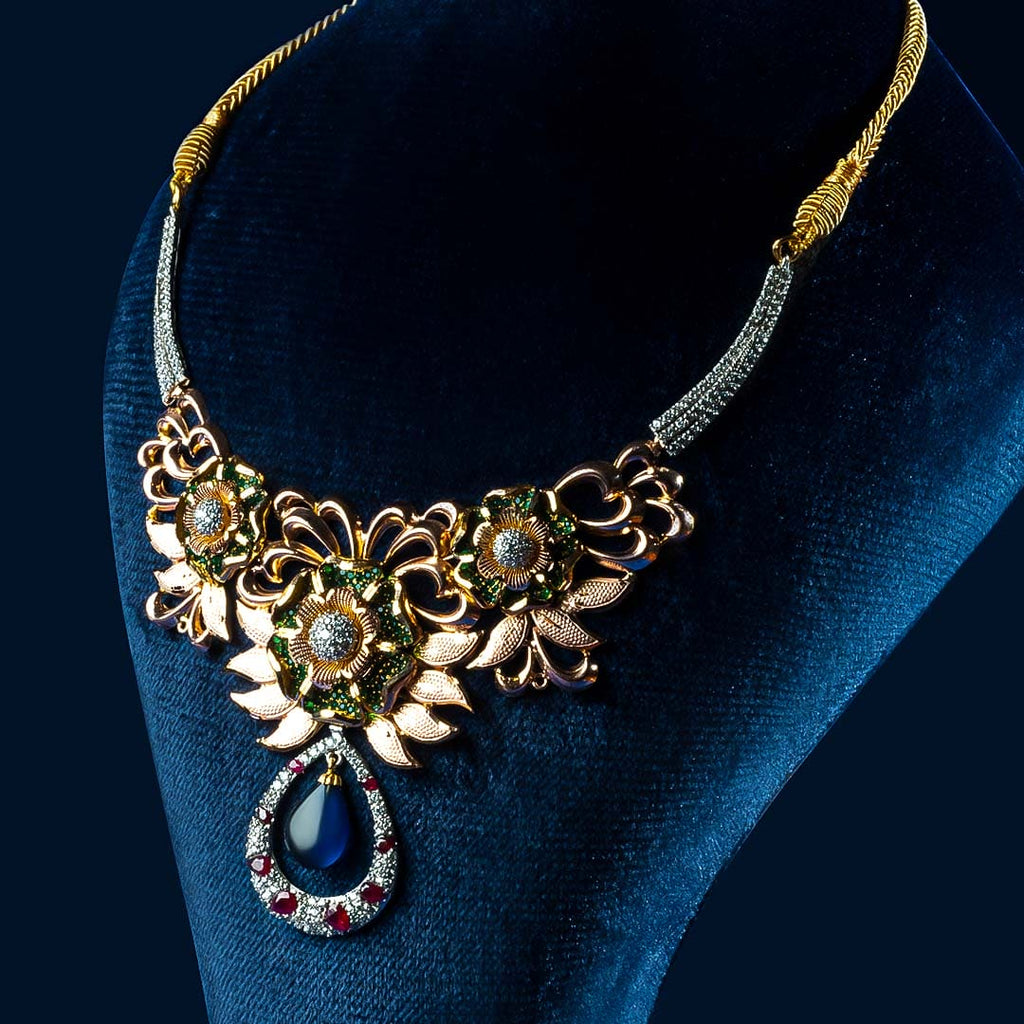 Elegant 21k 3D Gold Necklace Set with Blue Stone - Stunning Jewelry Piece